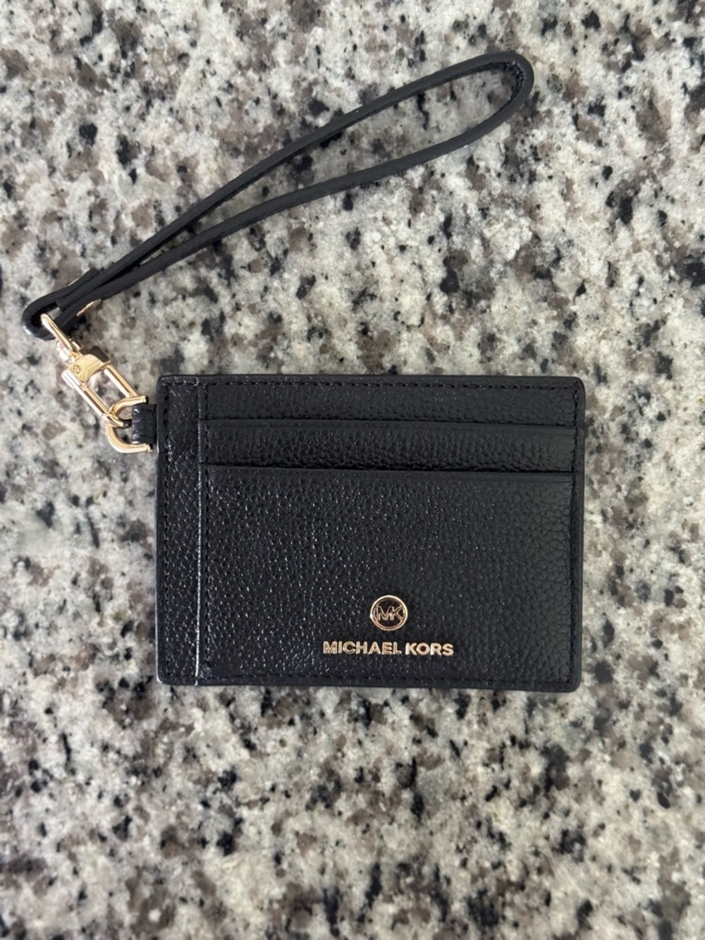 Michael Kors Black Pebbled Leather Wristlet Card Case with Gold Logo